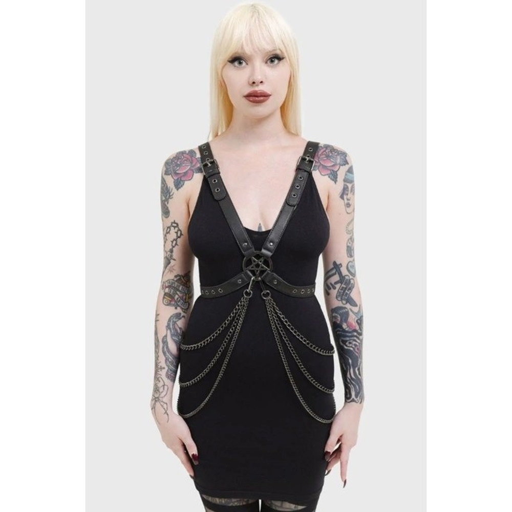 Killstar Devil Energy Pentagram Harness Black PU Leather Detachable Chain Gothic